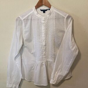 Boden White Shirt with button front, pintuck, ruffle detail. Size 14 (slim fit!)